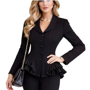 ESCADA Black Tailored Wool Ruffle Hem Couture Blazer Jacket 38 Power Vintage